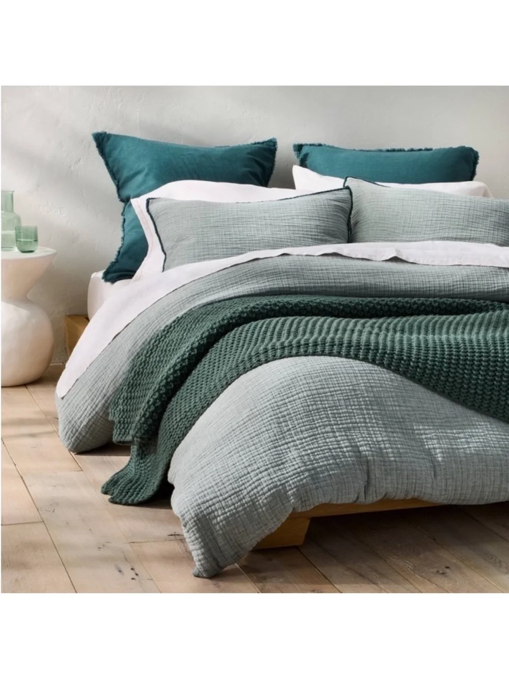 NWT Full/Queen Textured Chambray Cotton Duvet Cover & Sham Set Dark Teal Blue